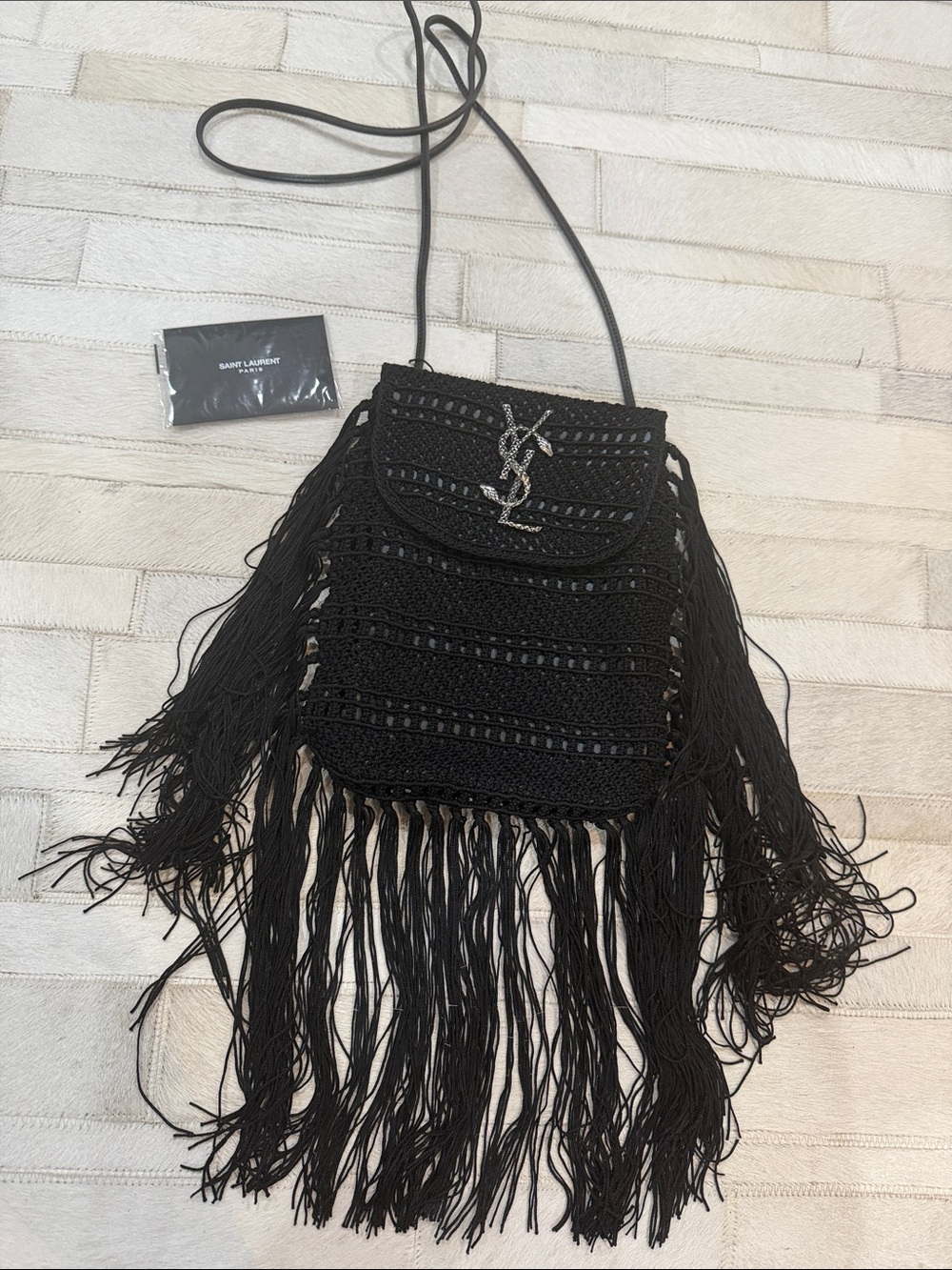 Saint Laurent Black Crochet Fringe Crossbody with Silver YSL Logo